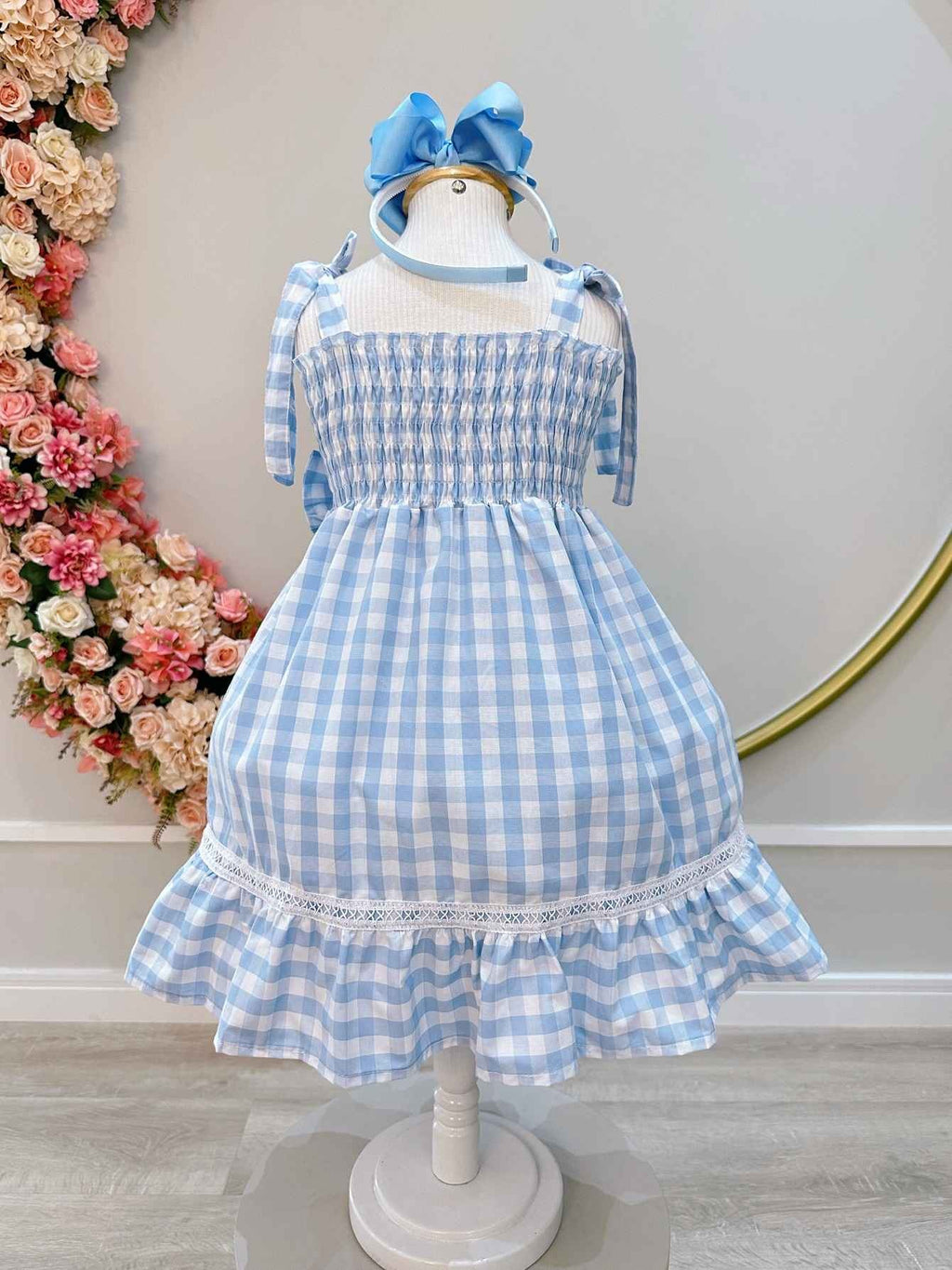 Vestido Infantil Xadrez Azul Claro com Broche Casual