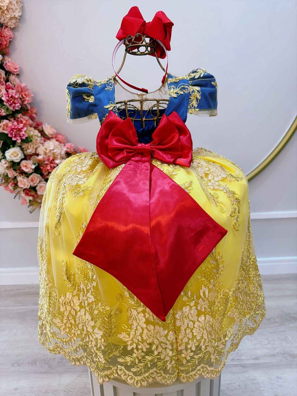 Vestido Infantil Renda Metalizada Dourada Branca de Neve
