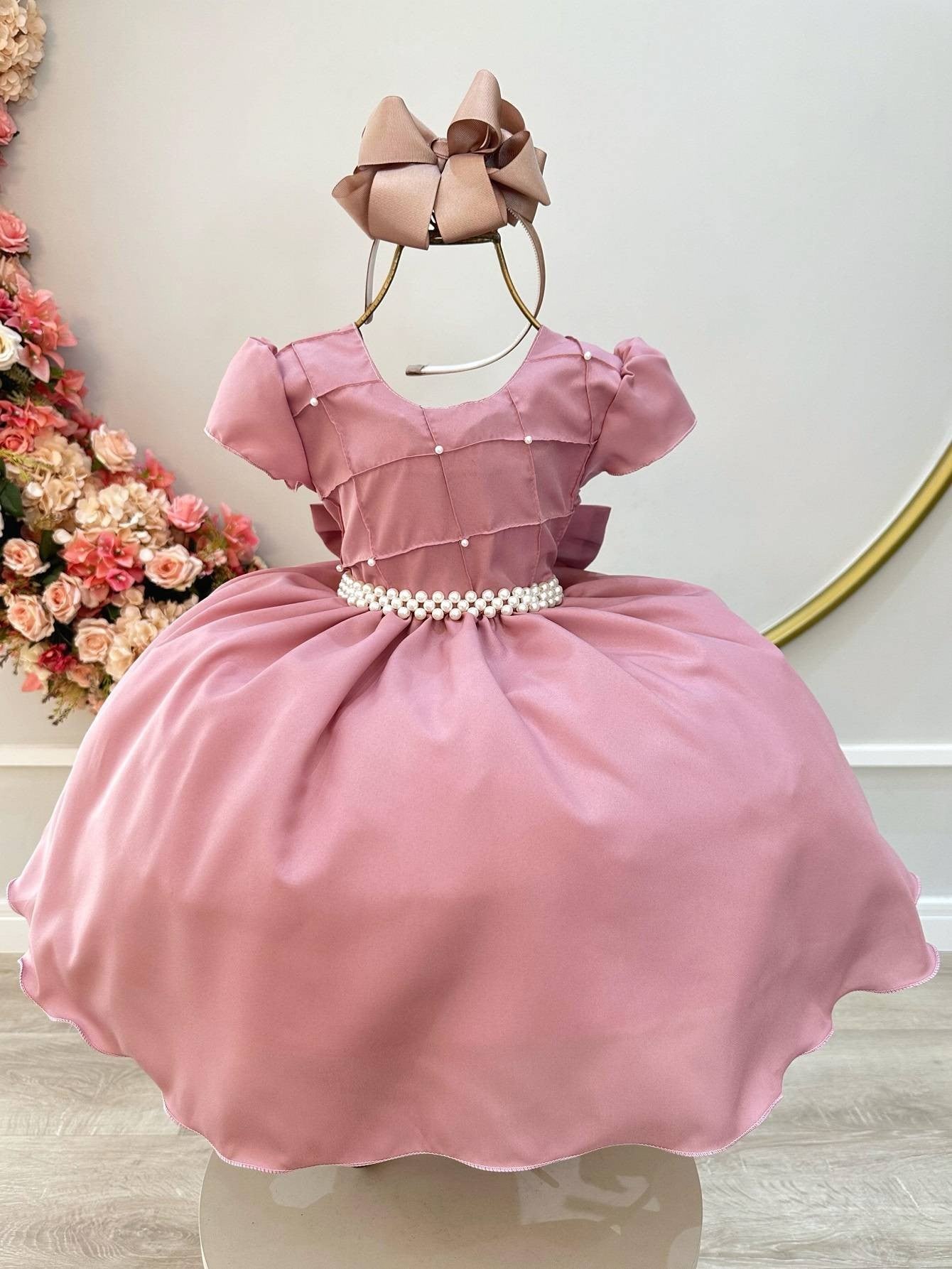 Vestido Infantil Rose com Busto Nervura e Detalhes em Pérolas para Daminha