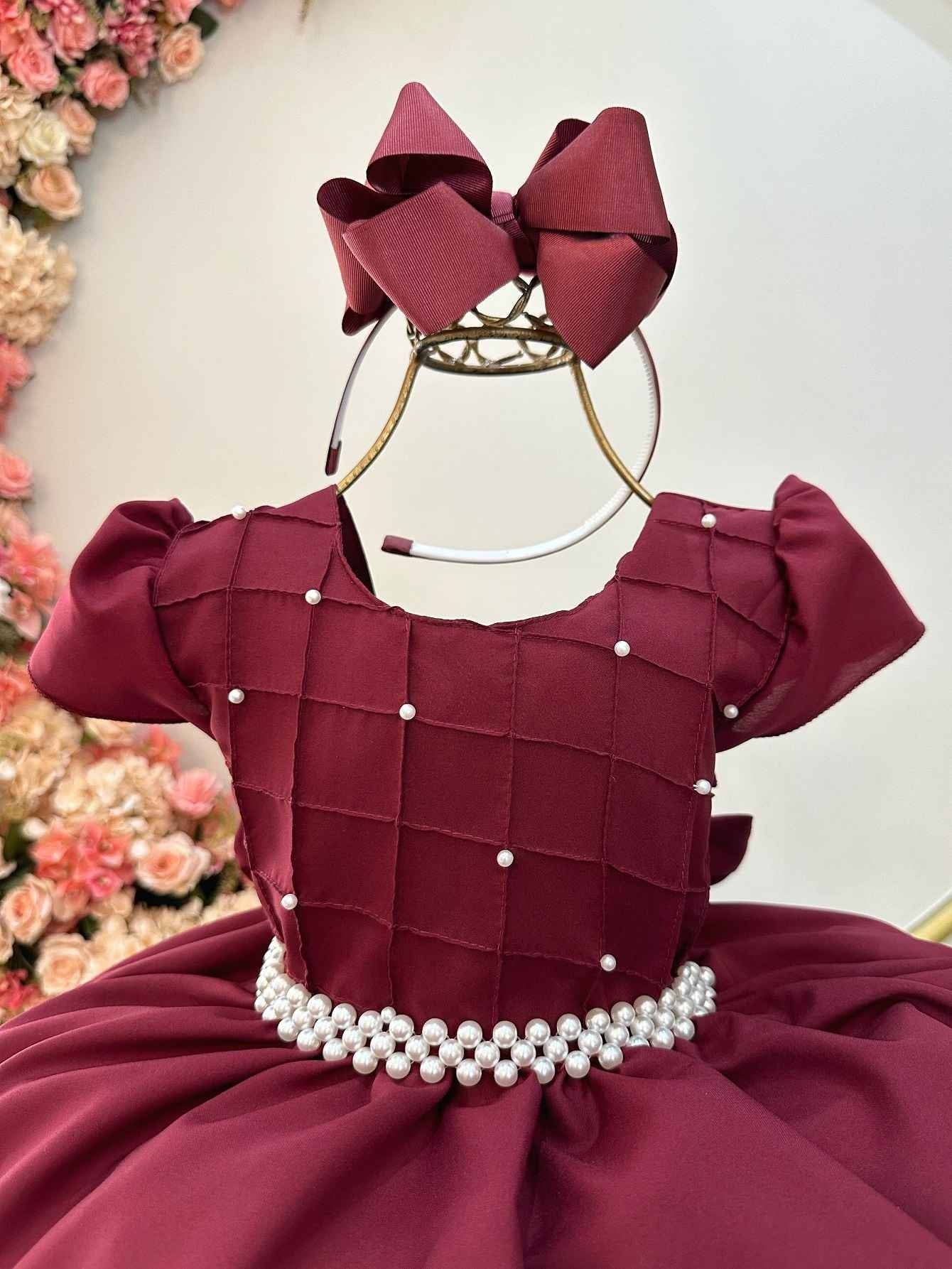 Vestido Infantil Marsala Com Busto Nervura e Detalhes em Pérolas