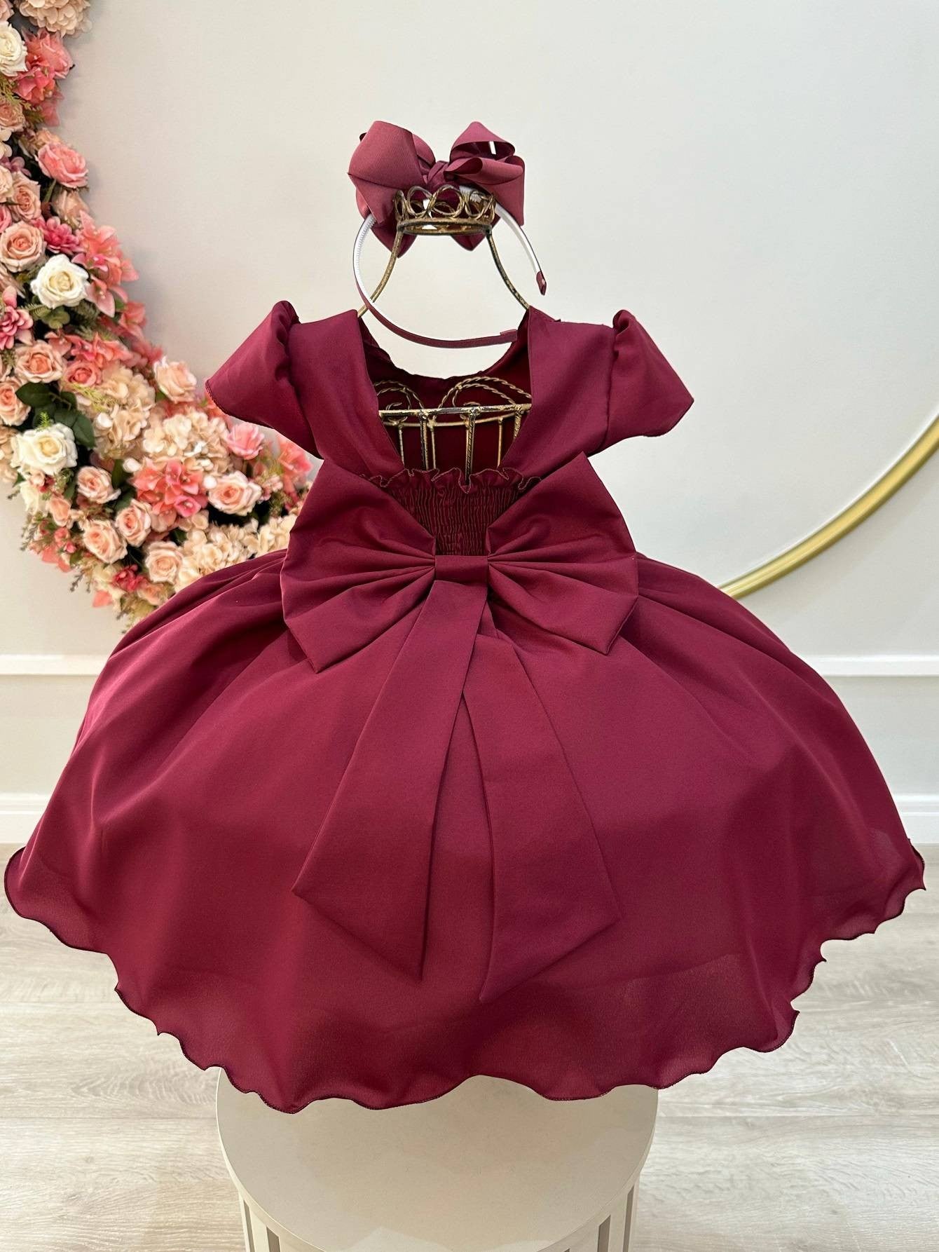 Vestido Infantil Marsala Com Busto Nervura e Detalhes em Pérolas