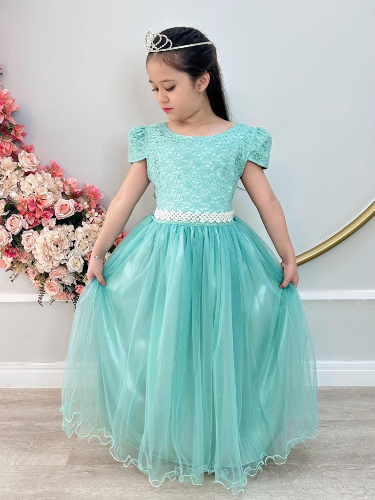Vestido Longo Infantil Verde Menta em Tule e Renda para Casamento
