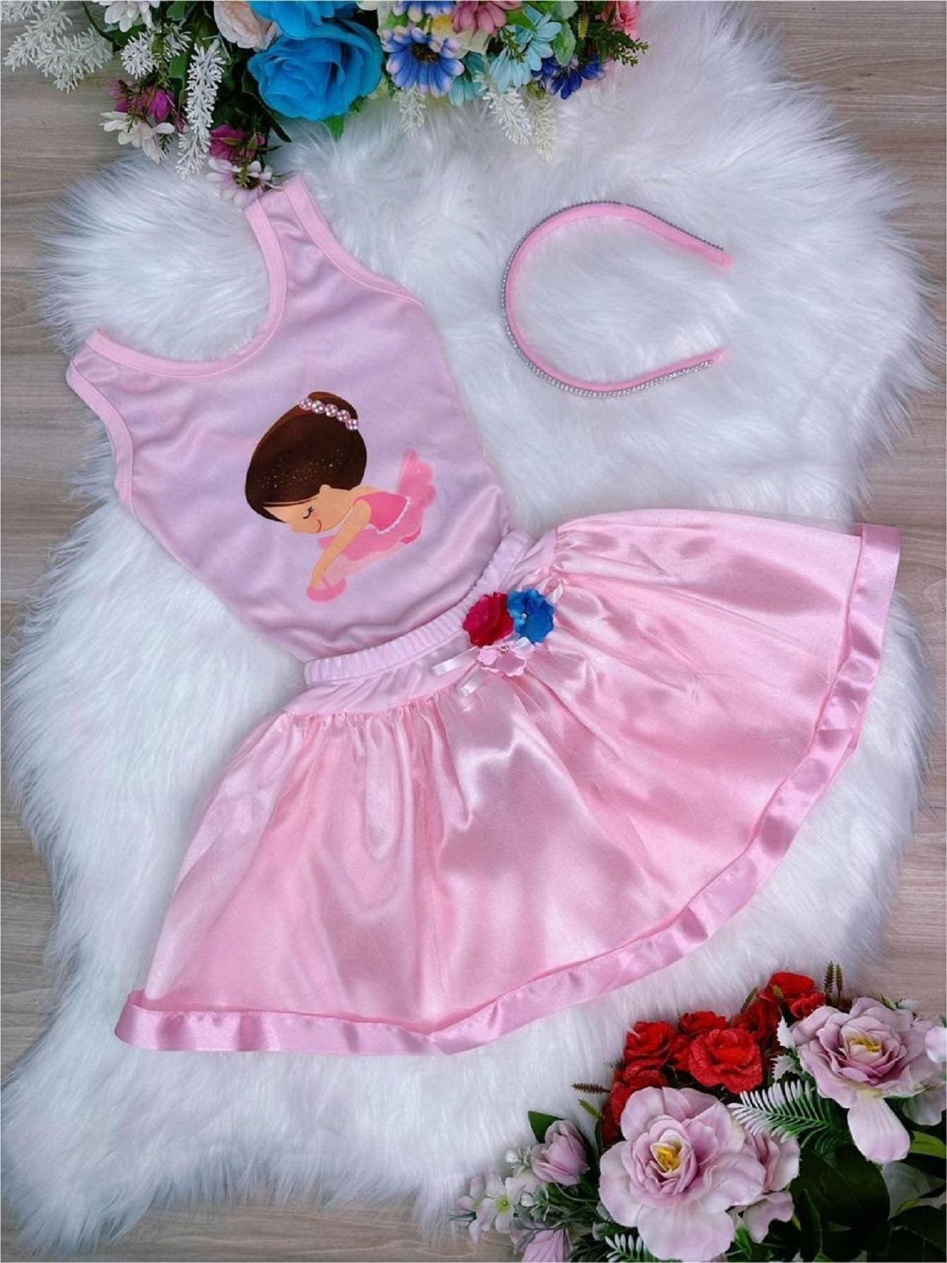 Fantasia Infantil Bailarina Rosa com Tiara e Saia Luxo