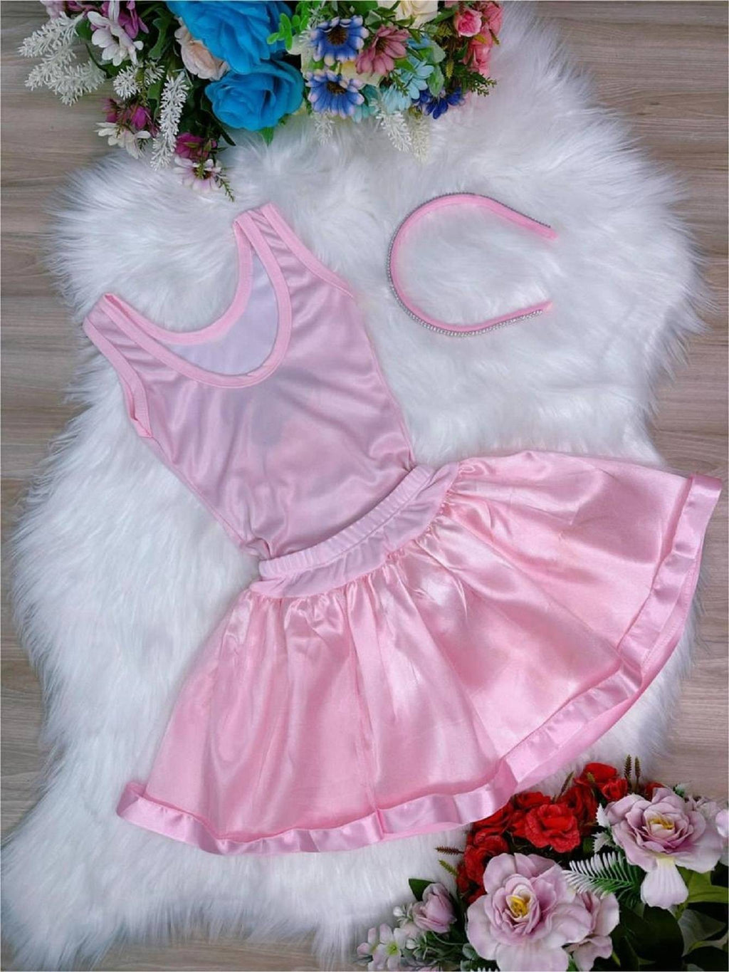 Fantasia Infantil Bailarina Rosa com Tiara e Saia Luxo