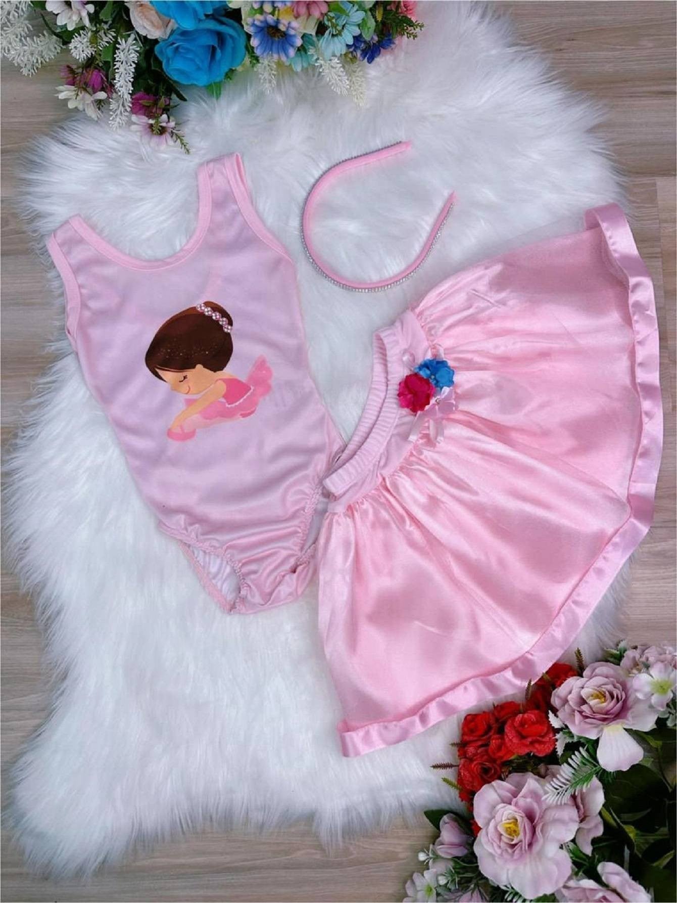 Fantasia Infantil Bailarina Rosa com Tiara e Saia Luxo