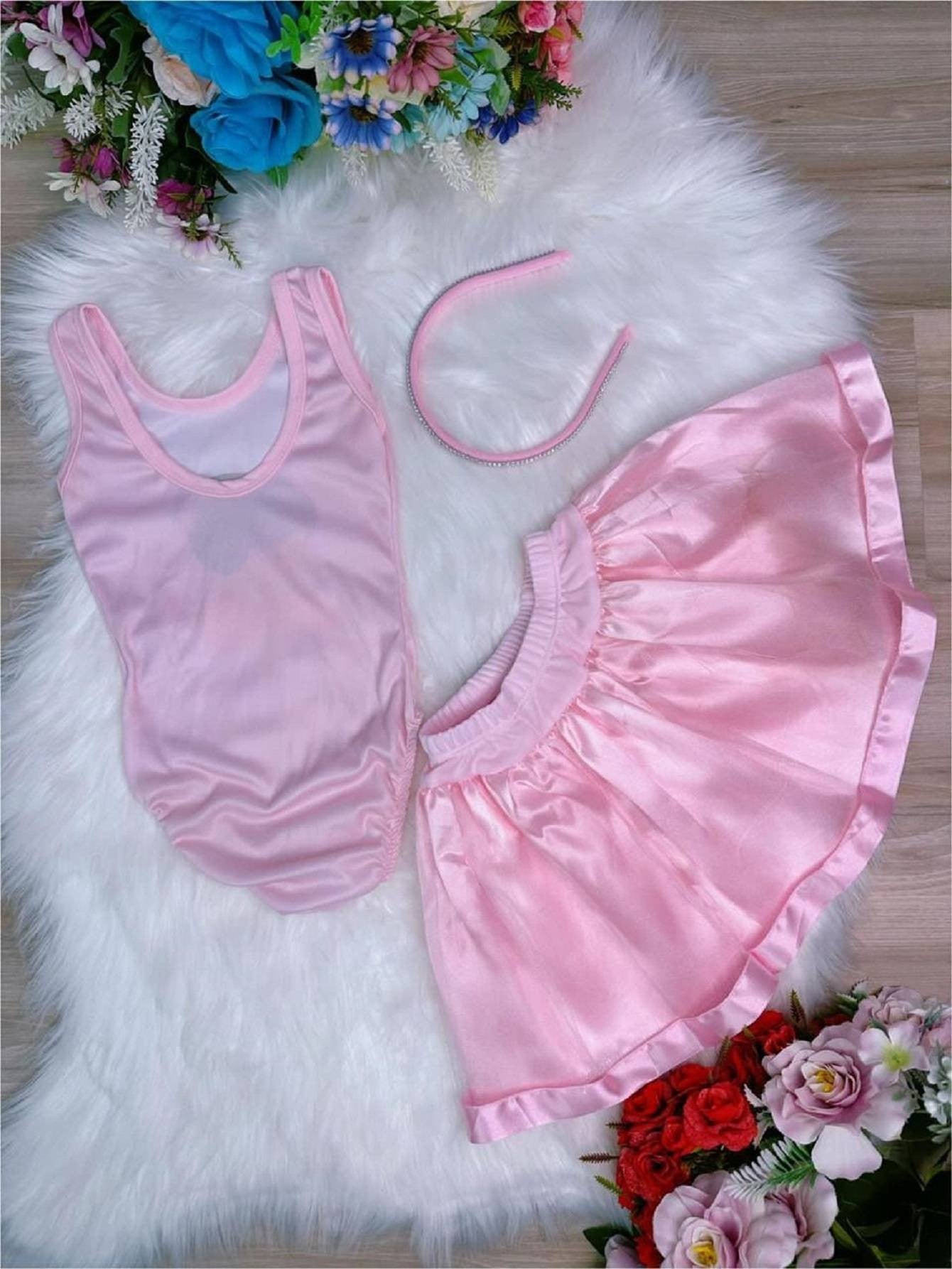 Fantasia Infantil Bailarina Rosa com Tiara e Saia Luxo