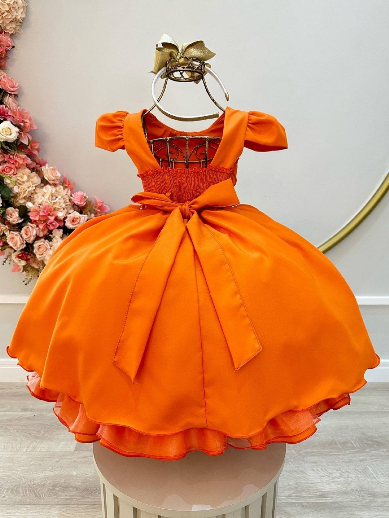 Vestido Infantil Terracota com Busto Nervura e Cinto de Pérolas
