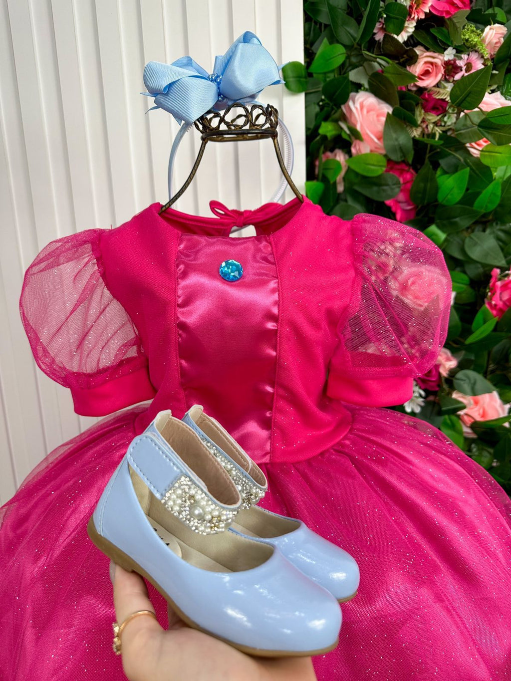 Vestido Princesa com Glitter e Laço para Crianças