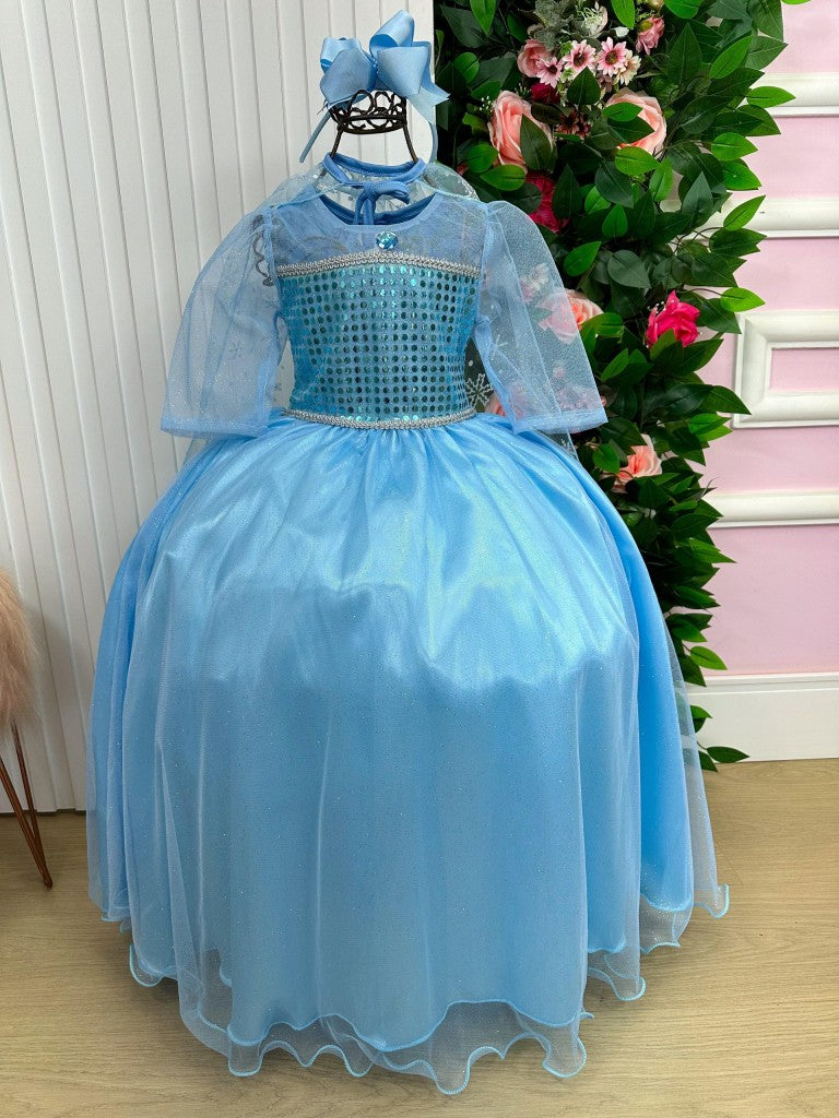 Fantasia Longa de Princesa Elsa em Cetim com Tule Glitter