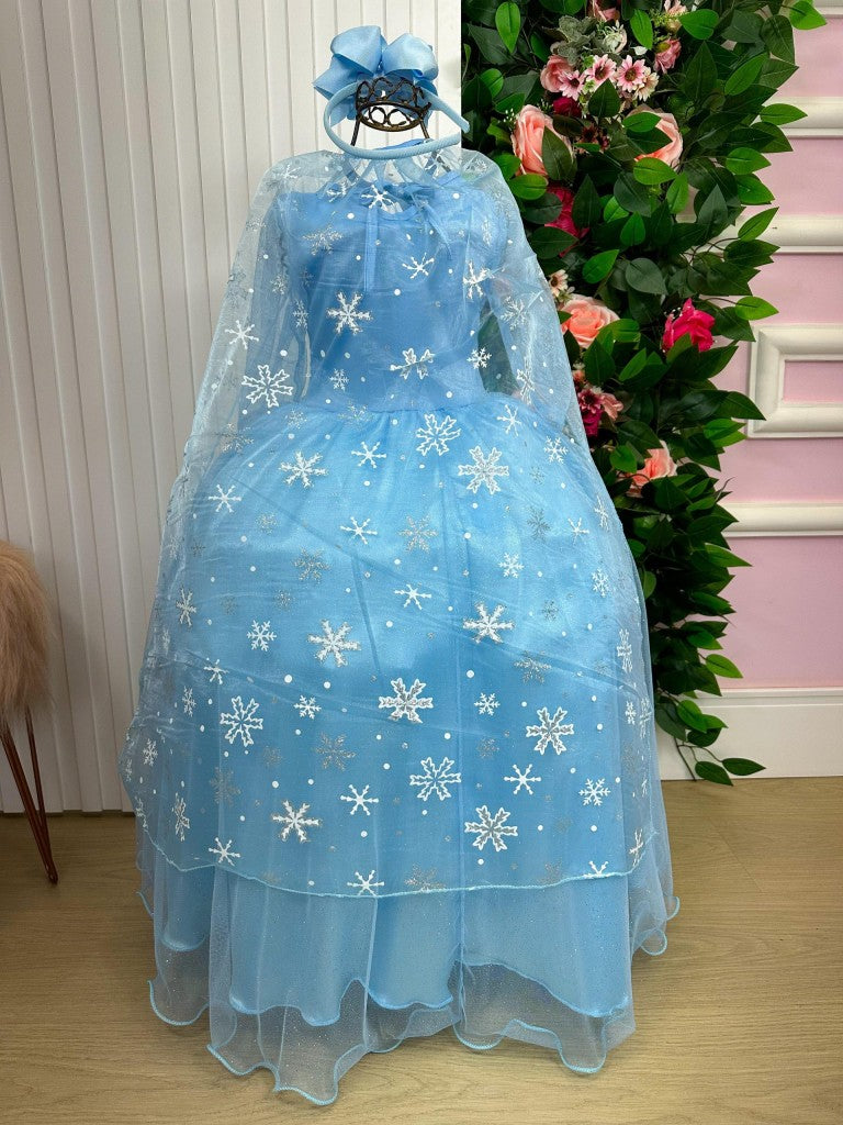 Fantasia Longa de Princesa Elsa em Cetim com Tule Glitter