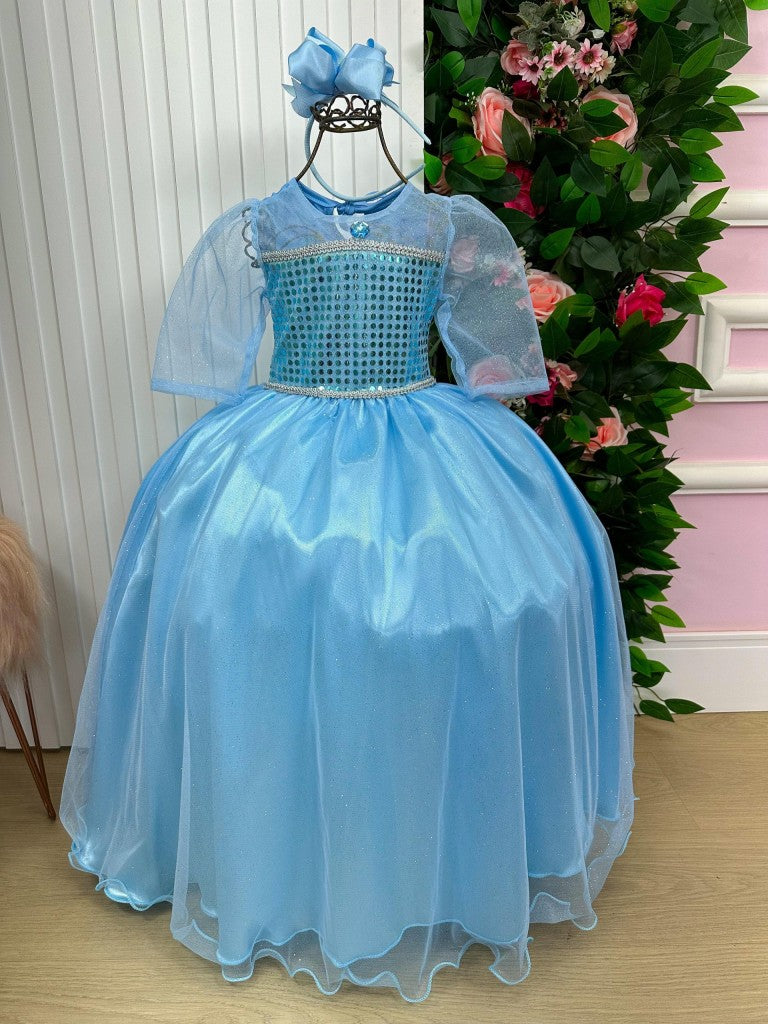 Fantasia Longa de Princesa Elsa em Cetim com Tule Glitter