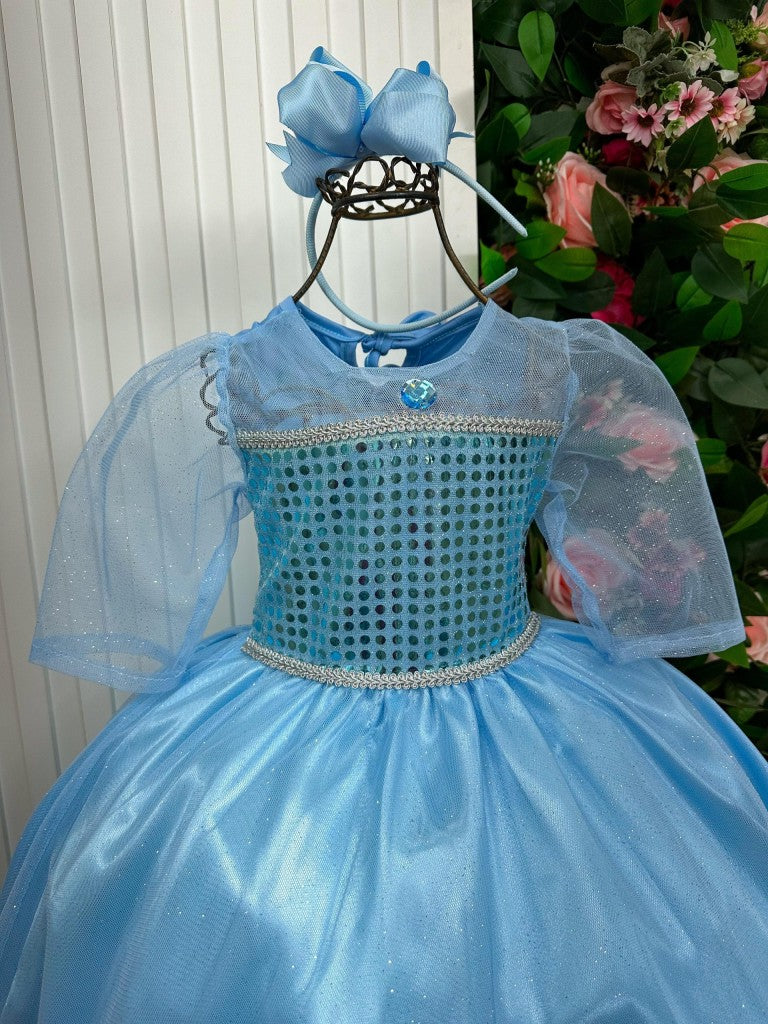 Fantasia Longa de Princesa Elsa em Cetim com Tule Glitter