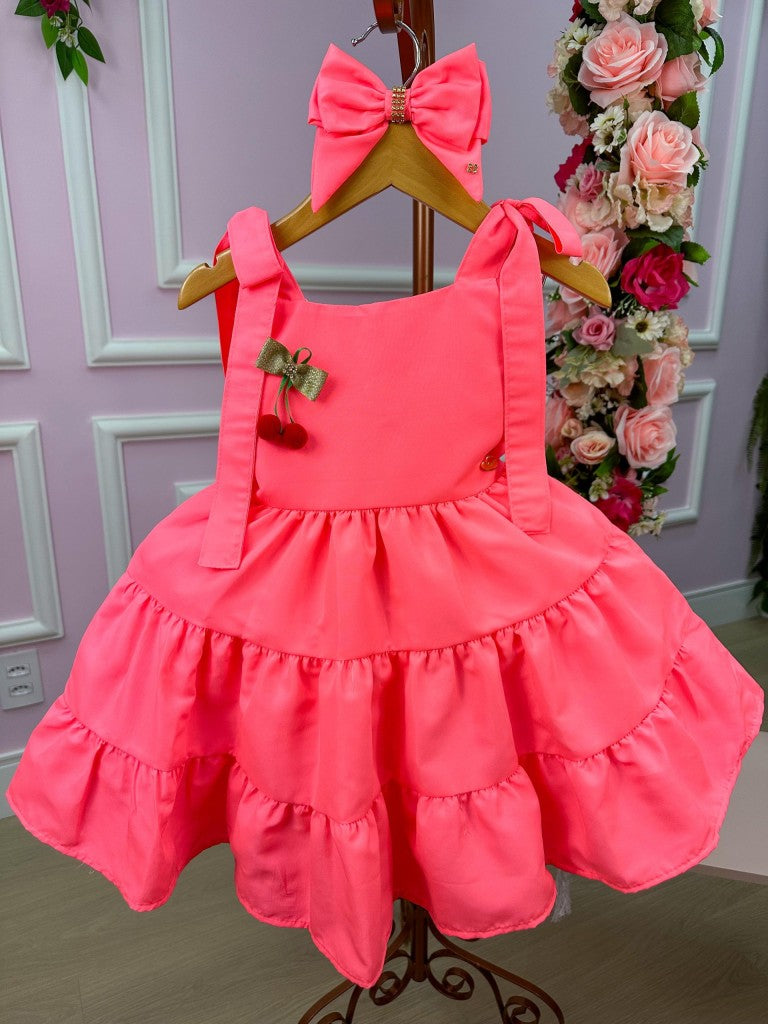 Vestido Infantil Rosa Neon com Laço e Gola Redonda