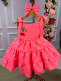 Vestido Infantil Rosa Neon com Laço e Gola Redonda