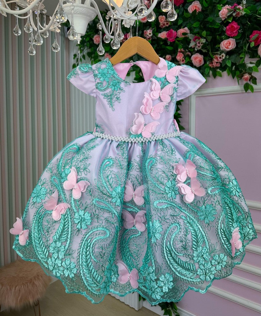 Vestido Luxo Rosa e Verde Tiffany Jardim Encantado para Meninas
