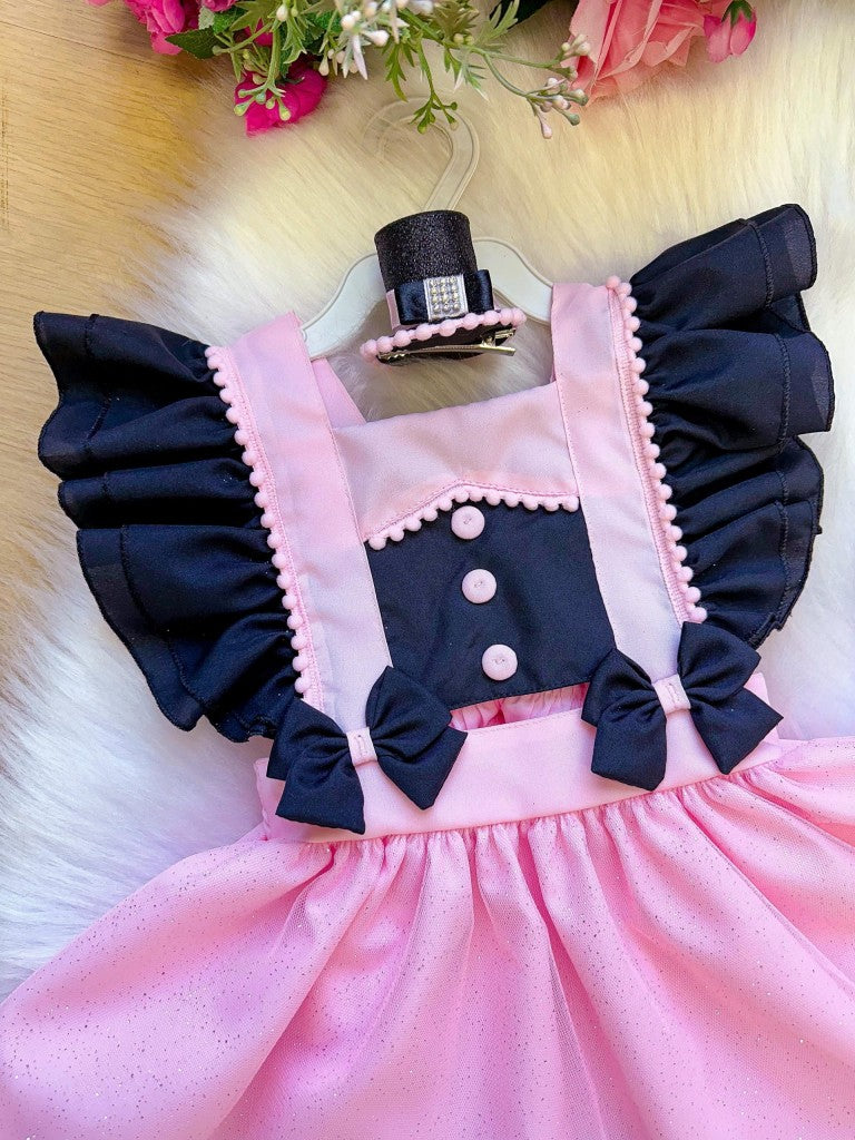 Vestido Rosa e Preto em Tule para Meninas de 03 Meses a 2 Anos com Chapéuzinho