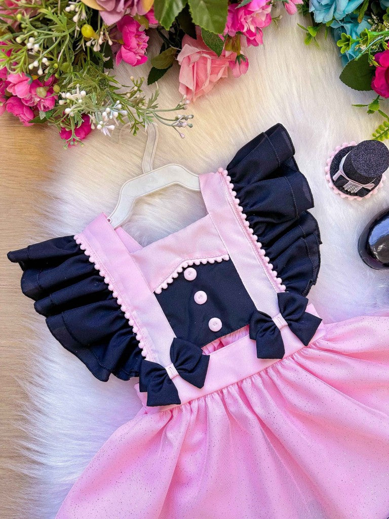 Vestido Rosa e Preto em Tule para Meninas de 03 Meses a 2 Anos com Chapéuzinho