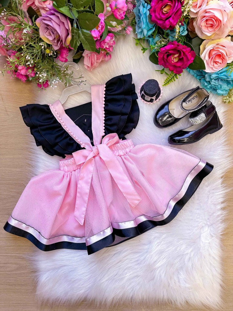 Vestido Rosa e Preto em Tule para Meninas de 03 Meses a 2 Anos com Chapéuzinho