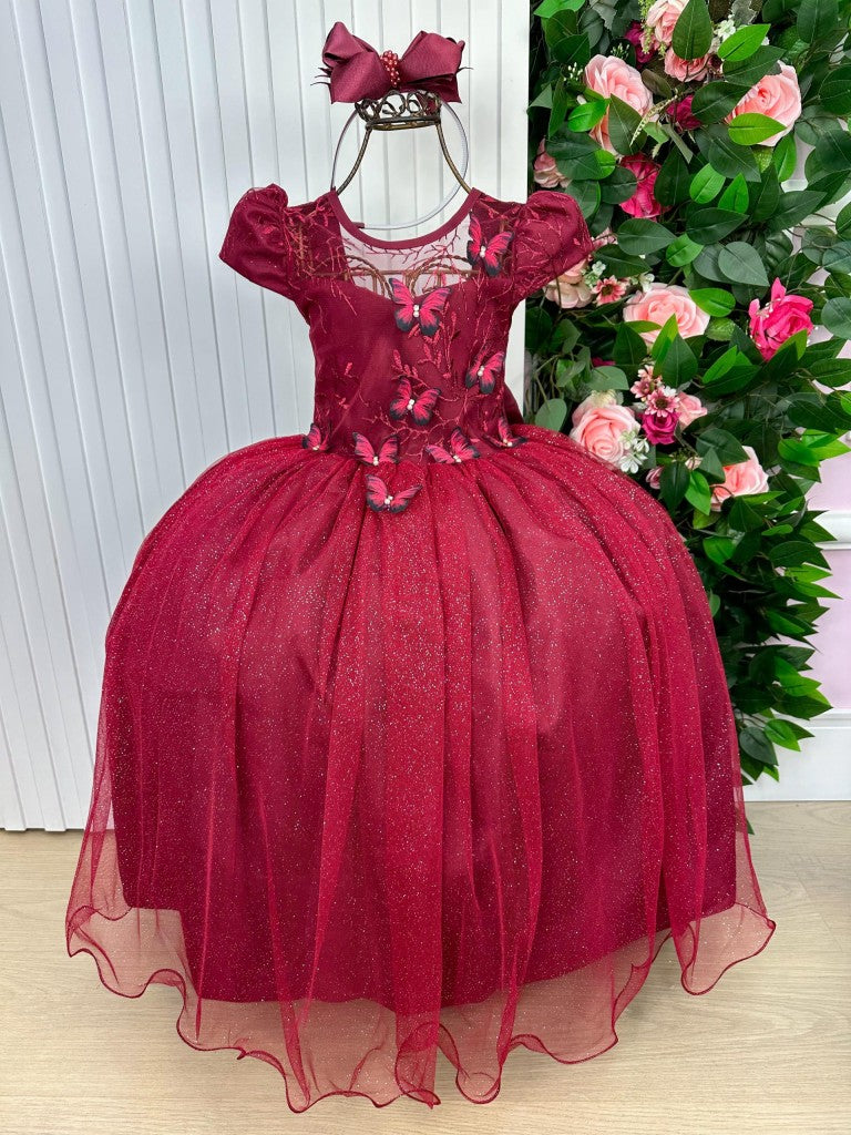 Vestido Longo Jardim Encantado em Poliéster Marsala com Laço