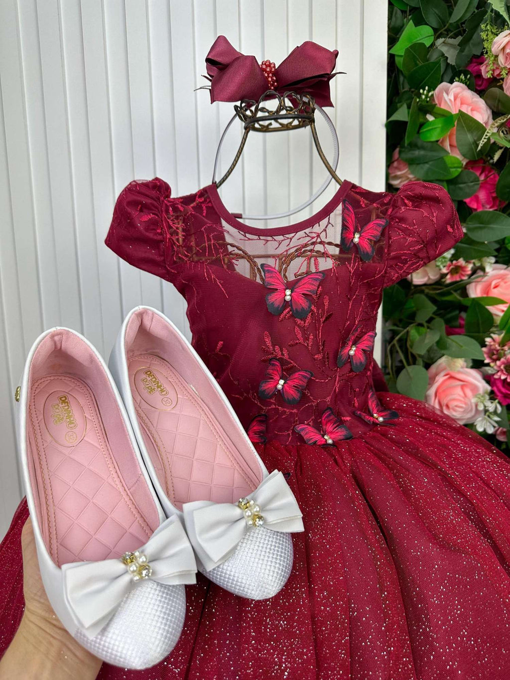 Vestido Longo Jardim Encantado em Poliéster Marsala com Laço