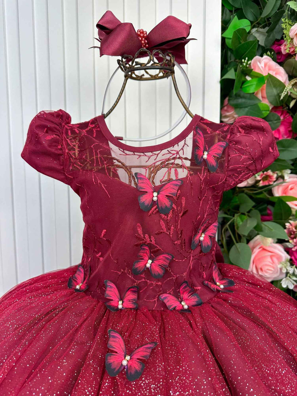 Vestido Longo Jardim Encantado em Poliéster Marsala com Laço