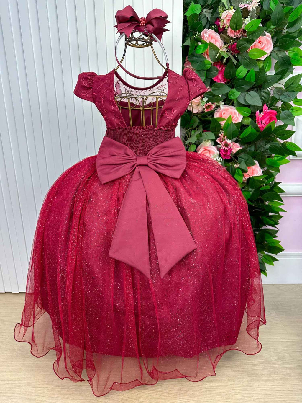 Vestido Longo Jardim Encantado em Poliéster Marsala com Laço