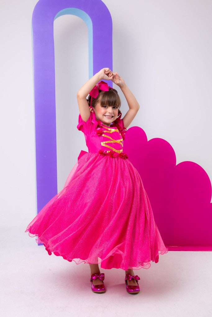 Vestido Infantil Aurora Luxo Pink em Tule com Brilho para Festas