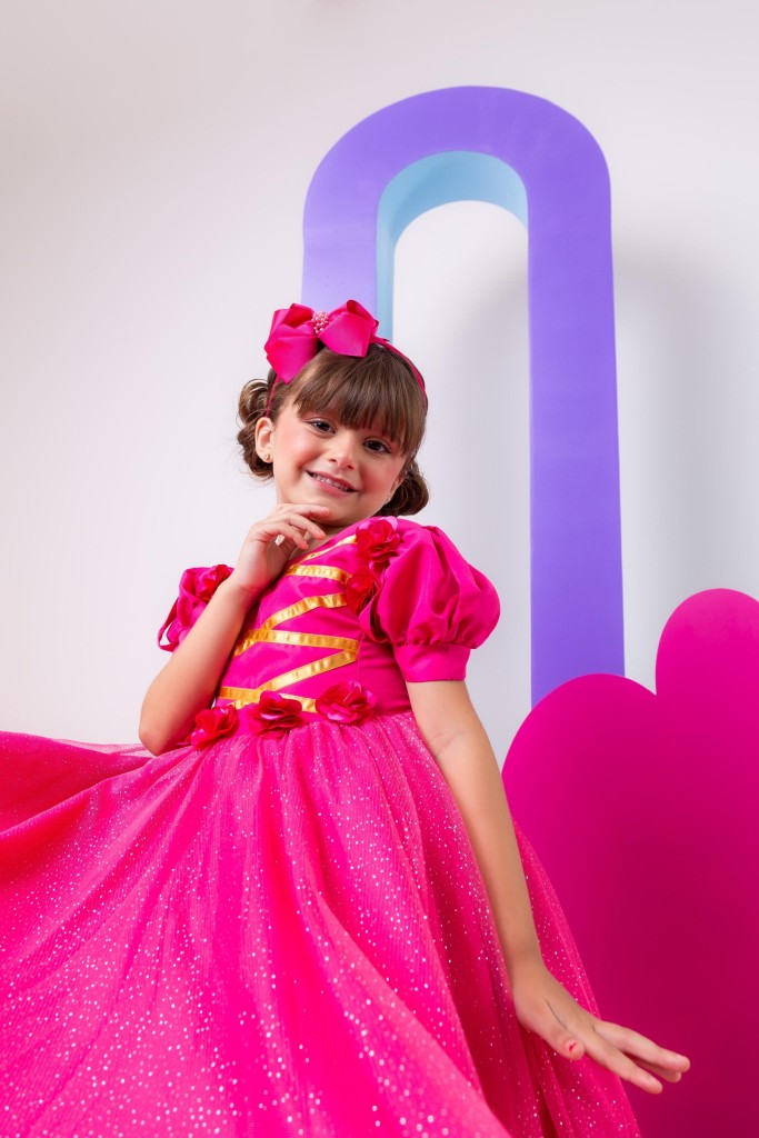 Vestido Infantil Aurora Luxo Pink em Tule com Brilho para Festas