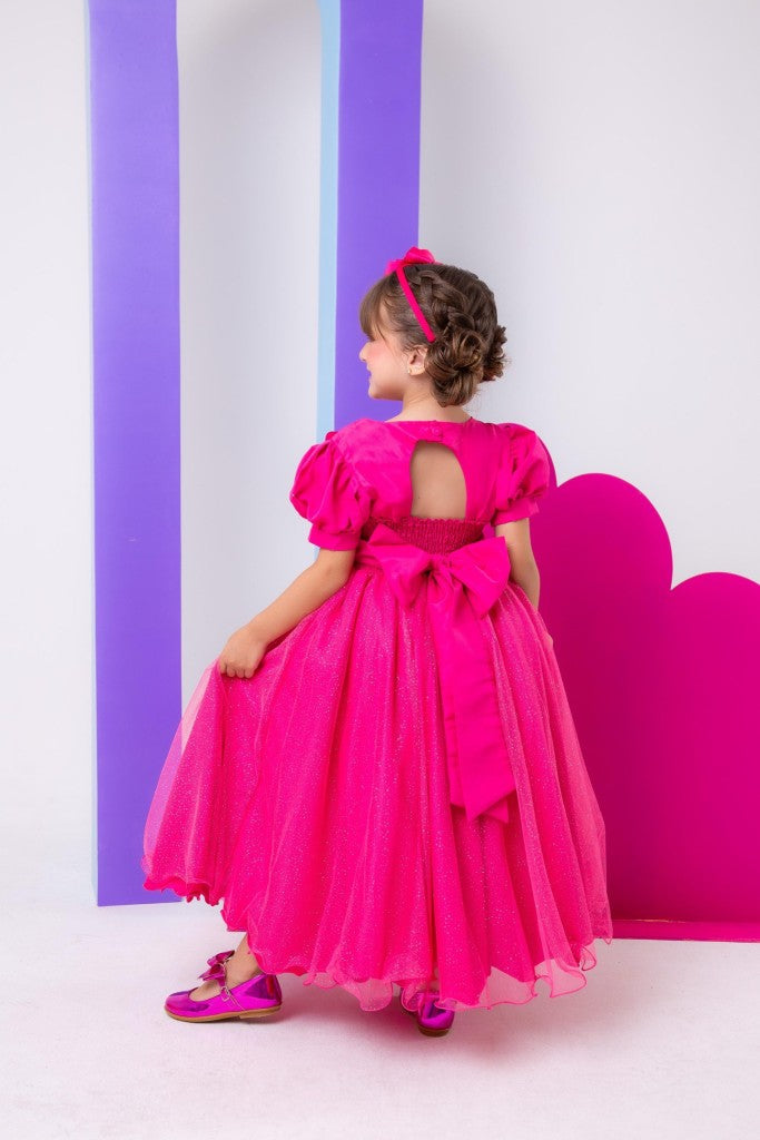 Vestido Infantil Aurora Luxo Pink em Tule com Brilho para Festas