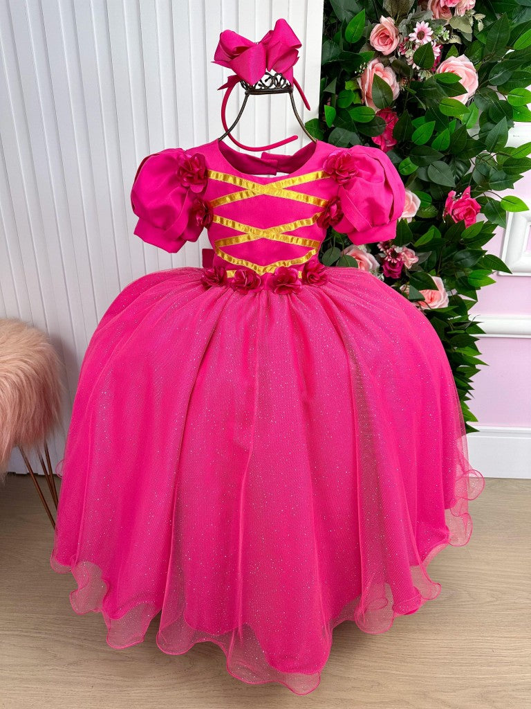 Vestido Infantil Aurora Luxo Pink em Tule com Brilho para Festas