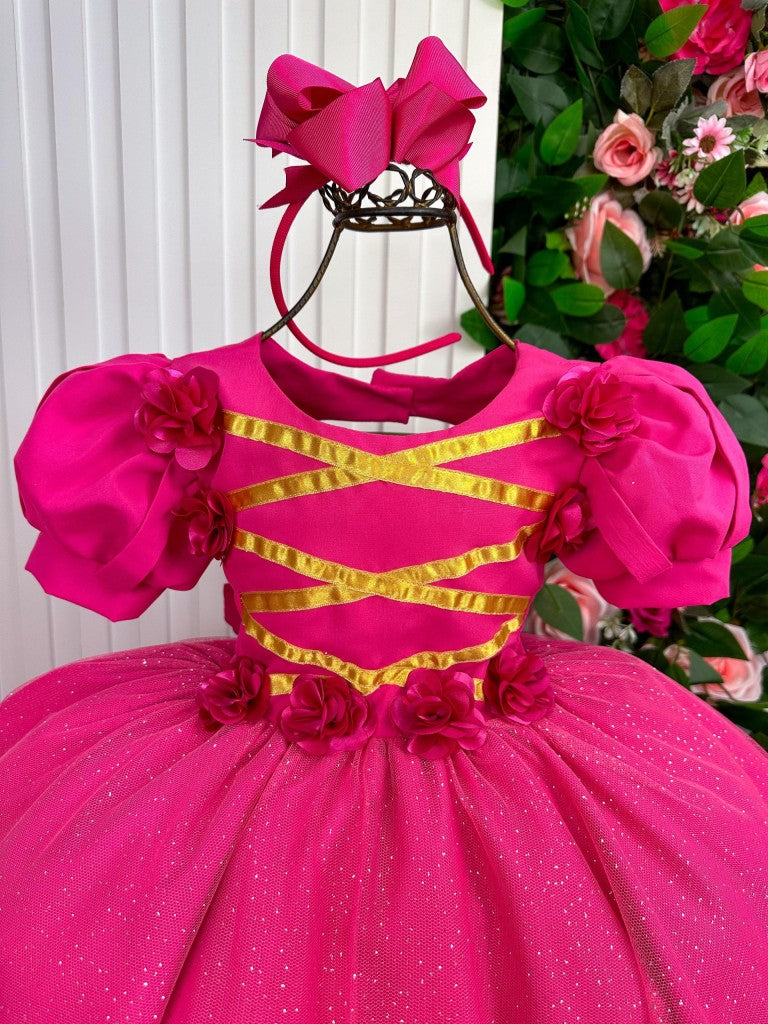 Vestido Infantil Aurora Luxo Pink em Tule com Brilho para Festas