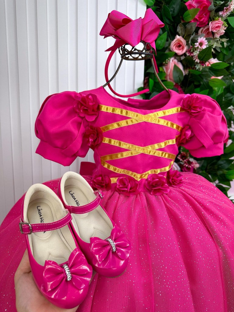 Vestido Infantil Aurora Luxo Pink em Tule com Brilho para Festas