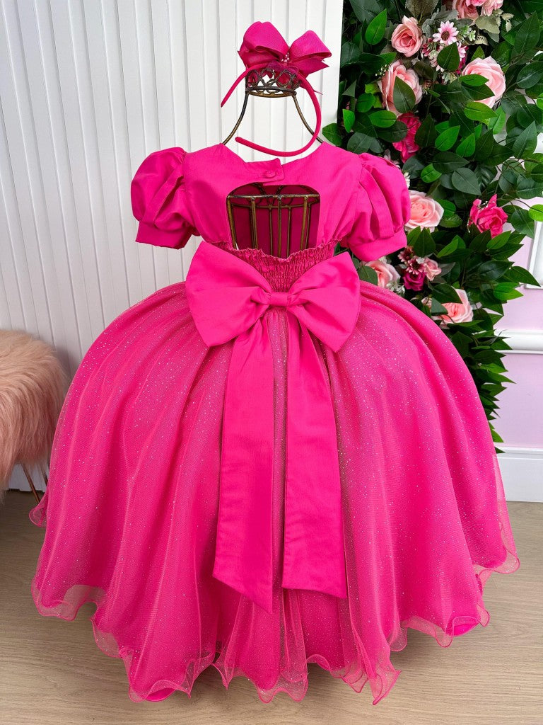 Vestido Infantil Aurora Luxo Pink em Tule com Brilho para Festas