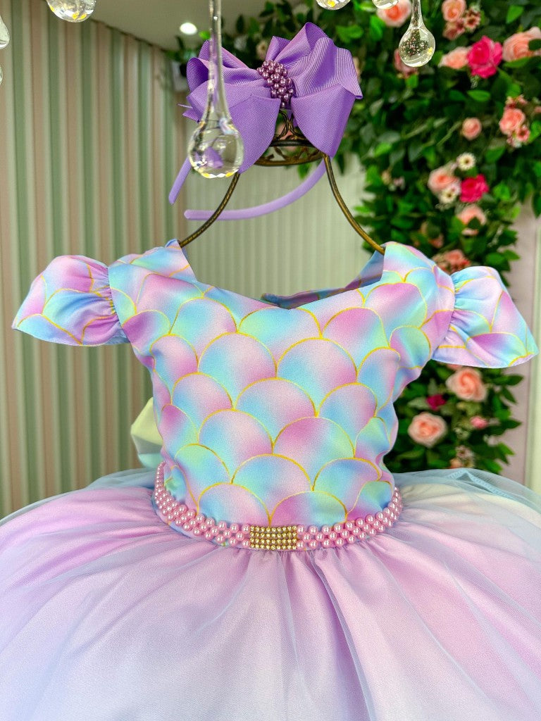 Vestido Infantil Sereia em Tecido Misto com Laço