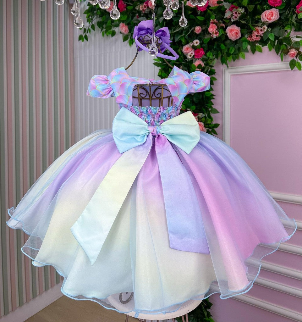 Vestido Infantil Sereia em Tecido Misto com Laço