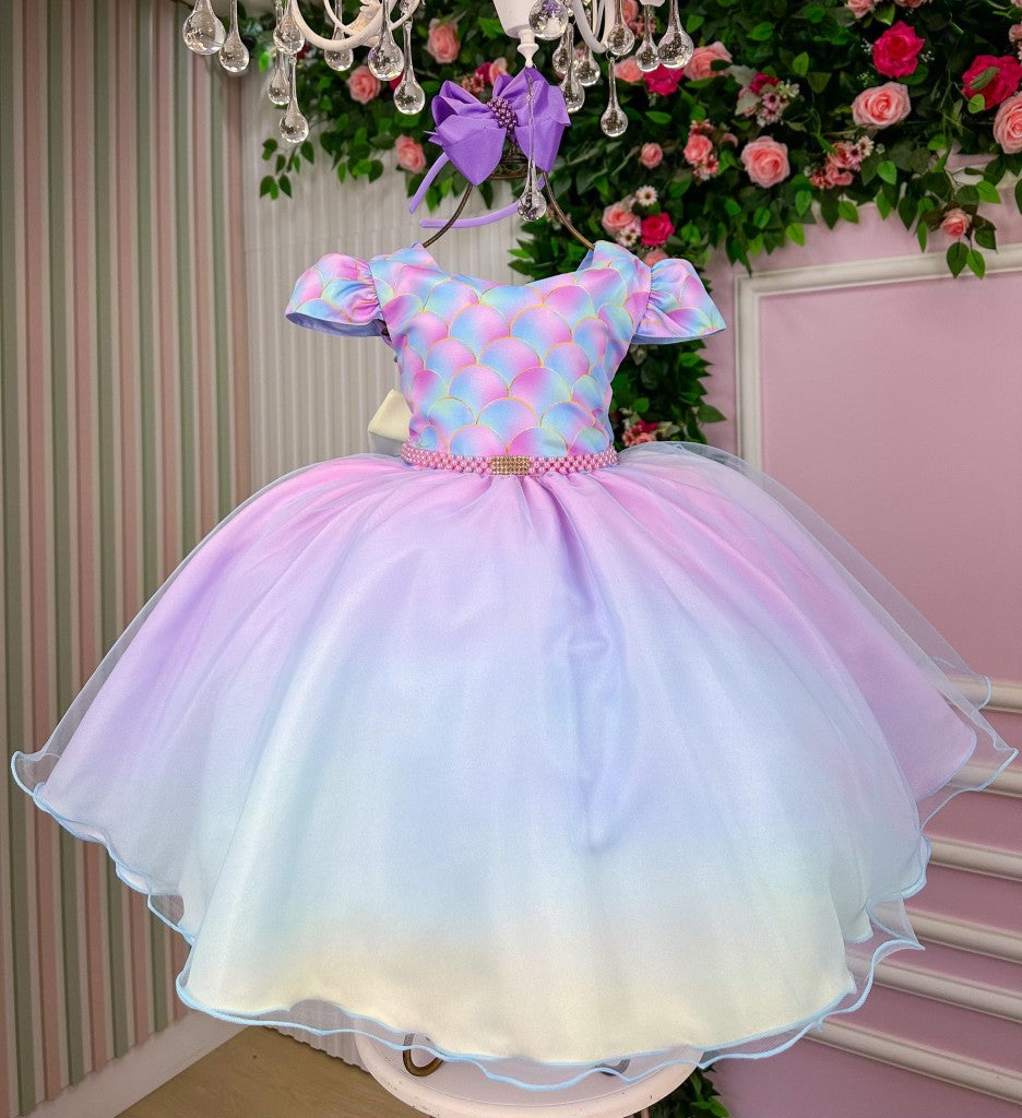 Vestido Infantil Sereia em Tecido Misto com Laço