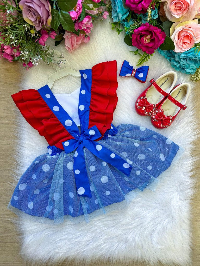 Vestido Azul e Vermelho Galinha Pintadinha em Tecido 100% Poliéster para Crianças de 03 Meses a 2 Anos