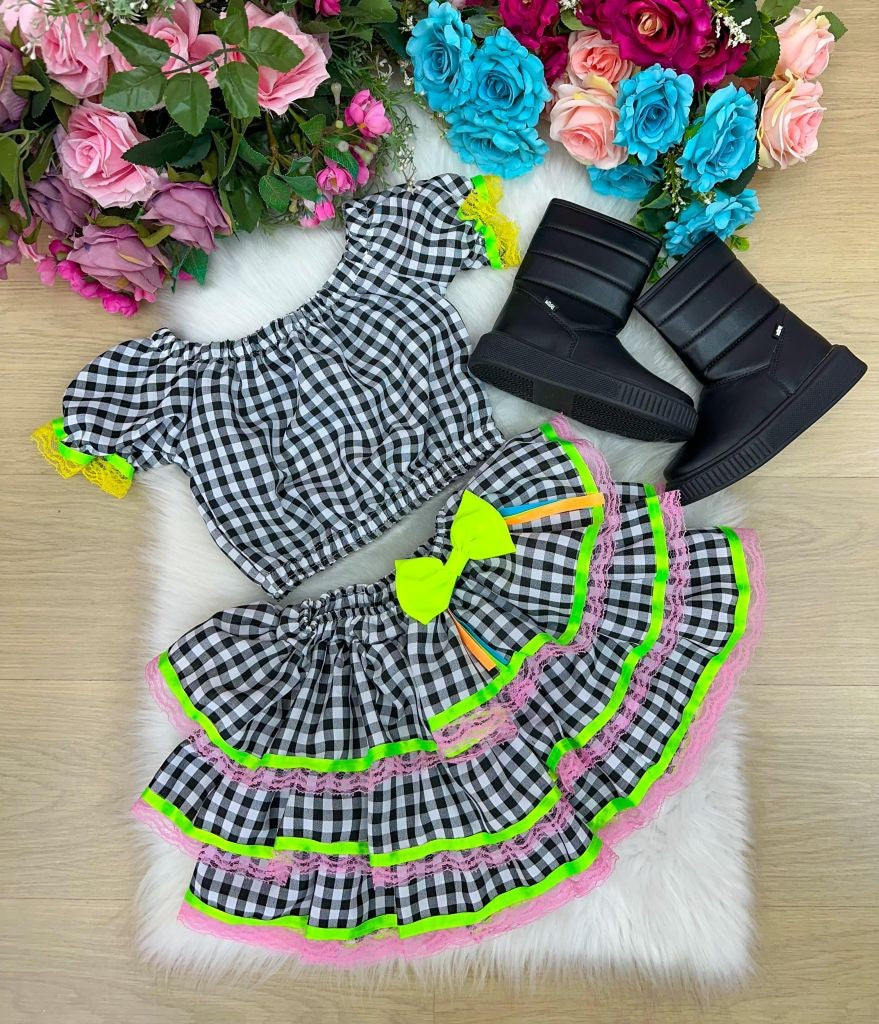 Conjunto Junino Luxo Sofia Xadrez Preto em Tecido Oxsford