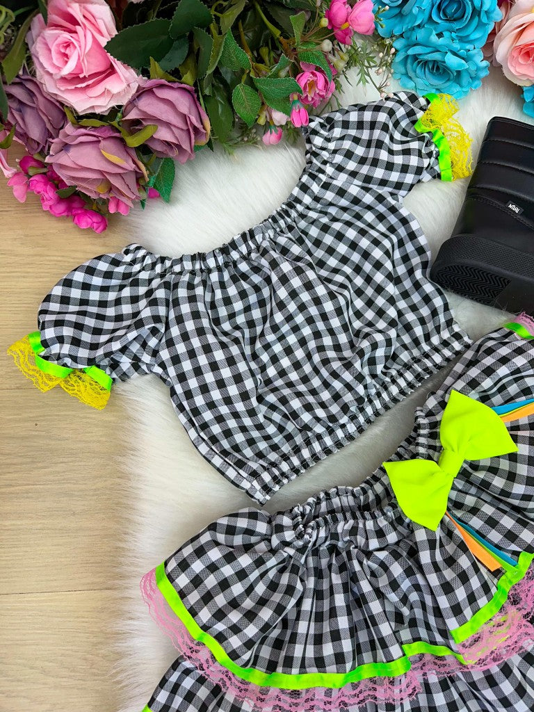 Conjunto Junino Luxo Sofia Xadrez Preto em Tecido Oxsford