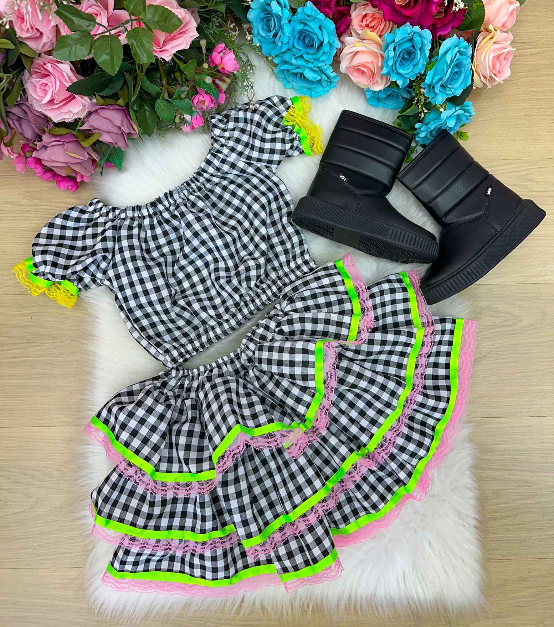 Conjunto Junino Luxo Sofia Xadrez Preto em Tecido Oxsford