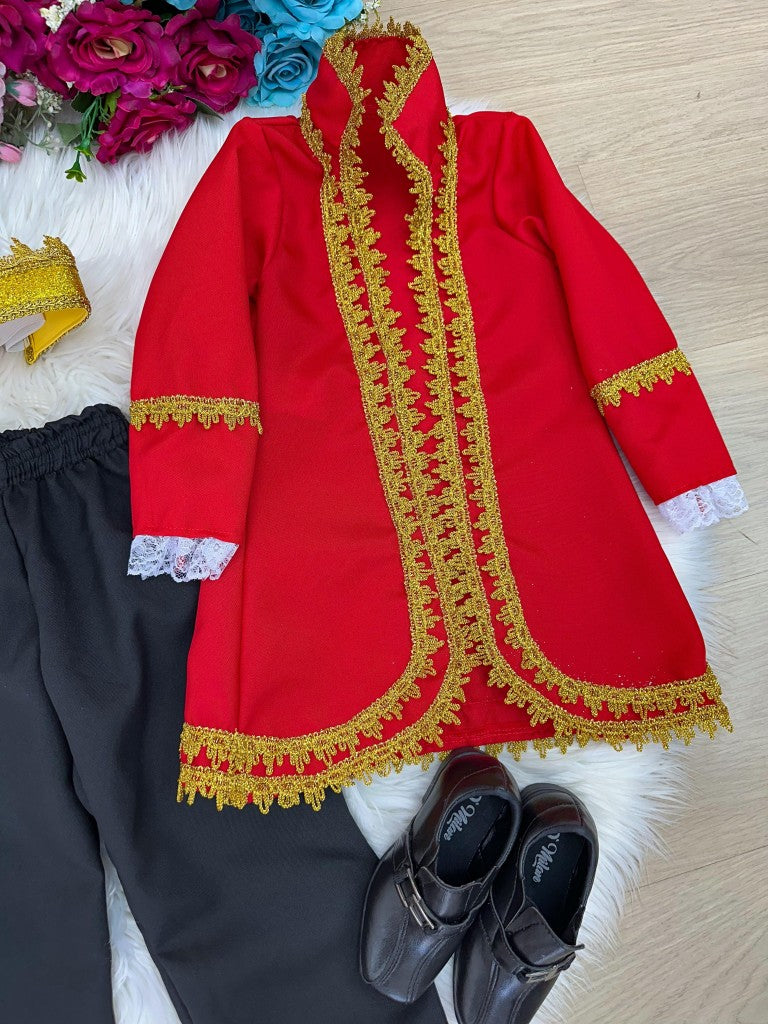 Fantasia Príncipe Vermelho com Coroa Dourada e Capa