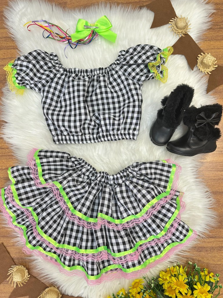 Conjunto Cropped Luxo Preto Xadrez Com Saia Para Meninas