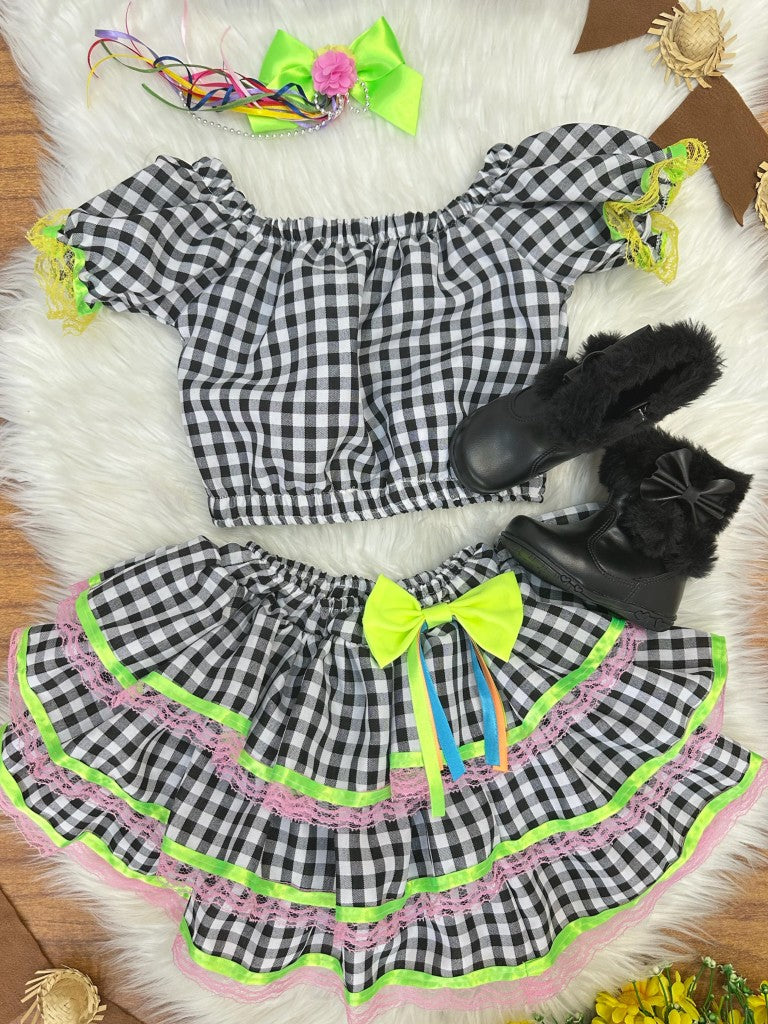 Conjunto Cropped Luxo Preto Xadrez Com Saia Para Meninas