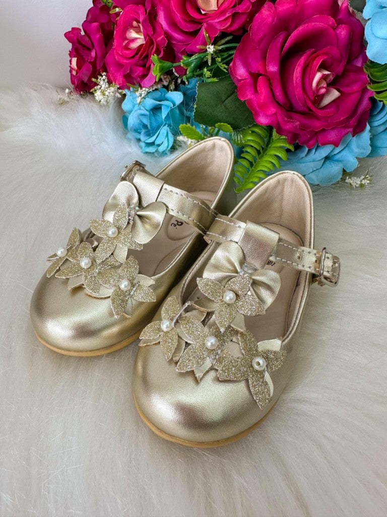 Sapatilha Dourada com Apliques de Flores e Pérolas para Crianças