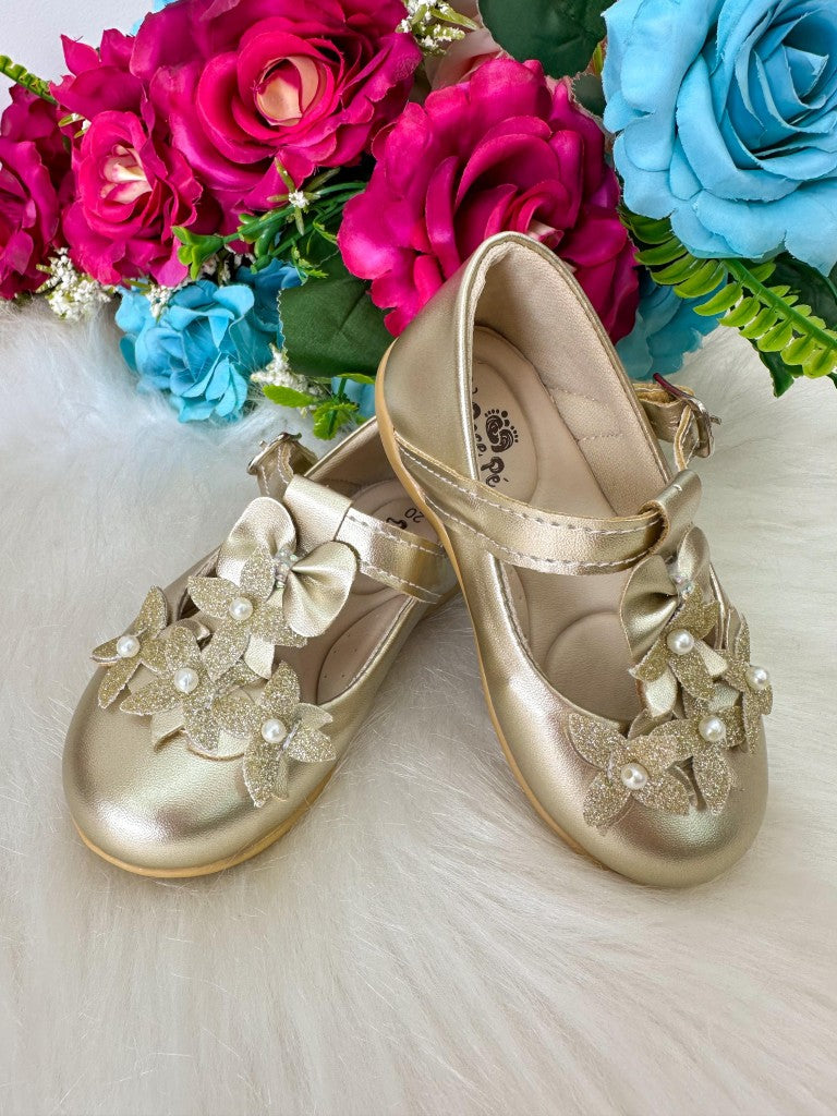 Sapatilha Dourada com Apliques de Flores e Pérolas para Crianças