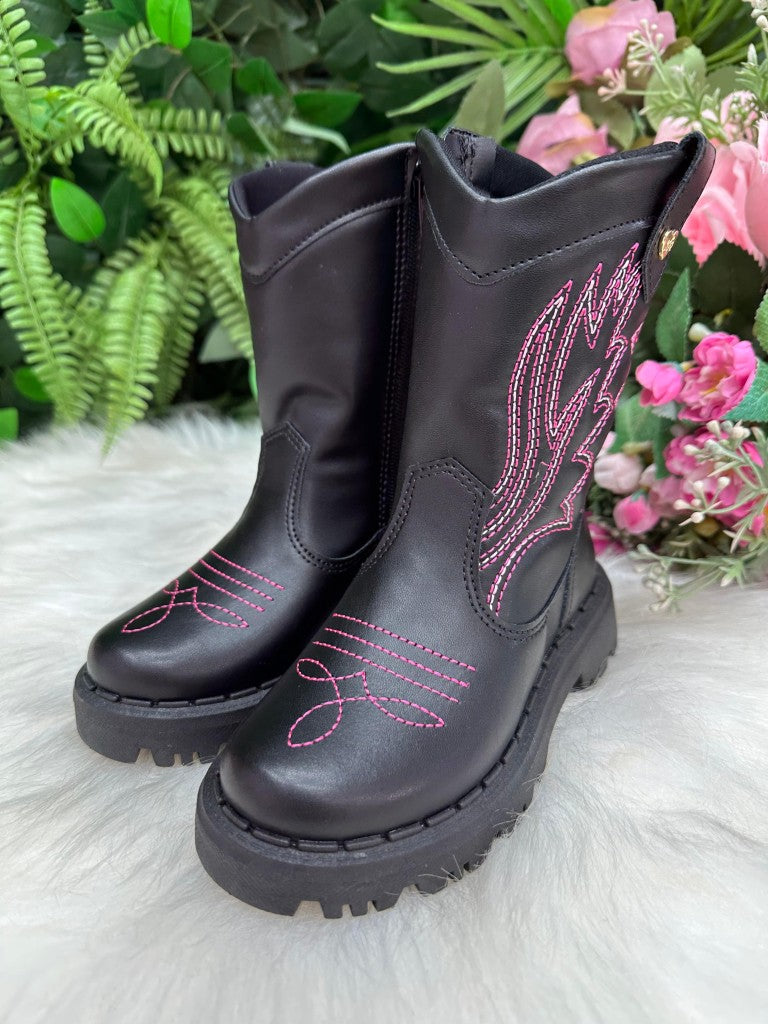 Bota Texana Infantil Preto e Pink com Sola Antiaderente