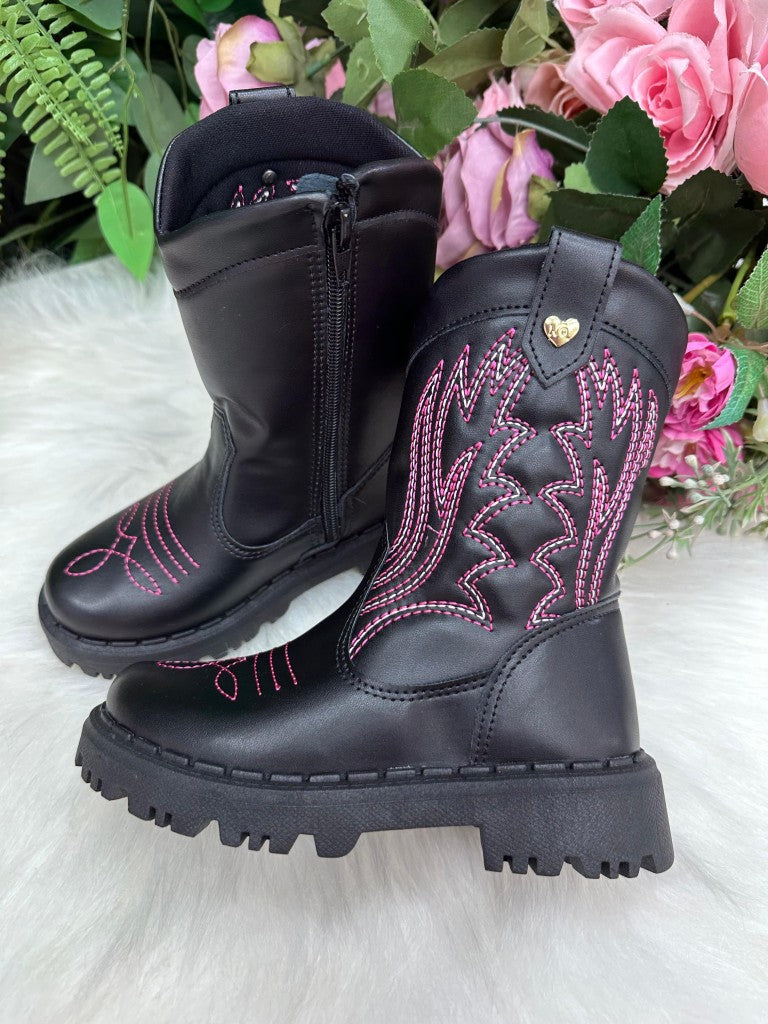 Bota Texana Infantil Preto e Pink com Sola Antiaderente