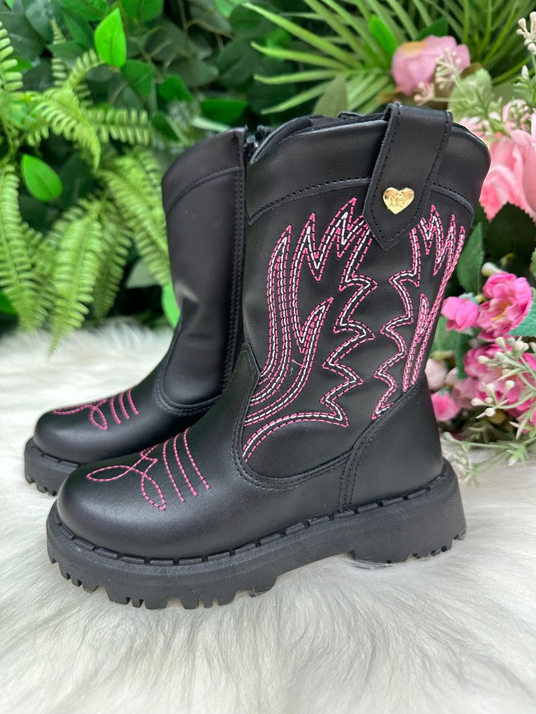 Bota Texana Infantil Preto e Pink com Sola Antiaderente