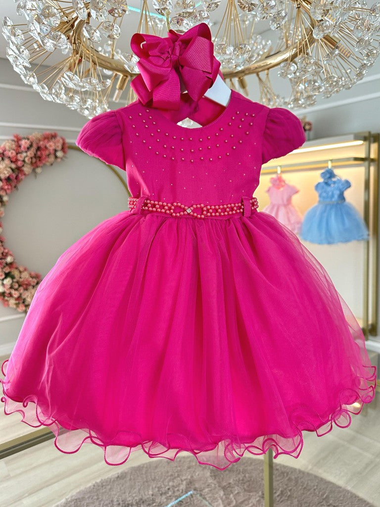 Vestido Infantil Pink com Pérolas para Batizados