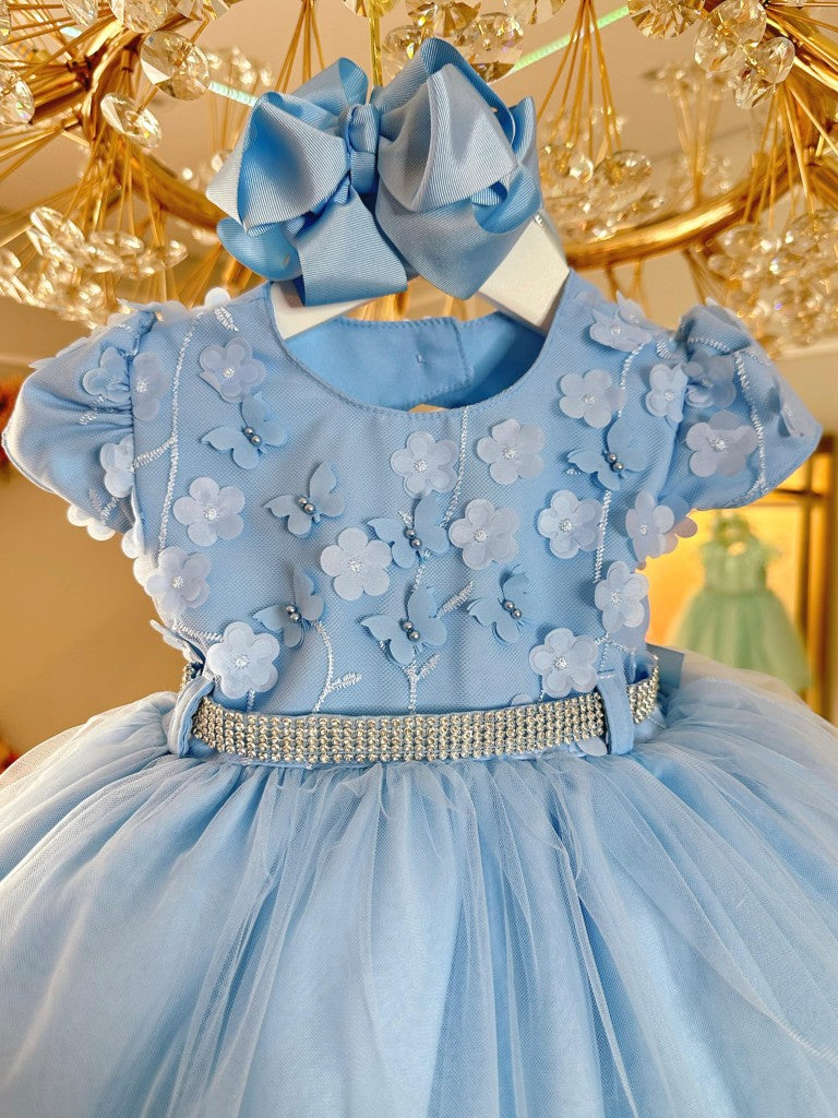 Vestido Infantil Azul Com Renda e Pérolas para Batizados